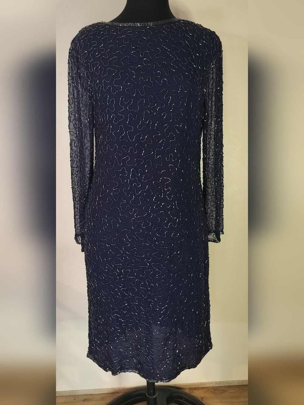 Madison Navy Beaded Long Sleeve Sheath Dress